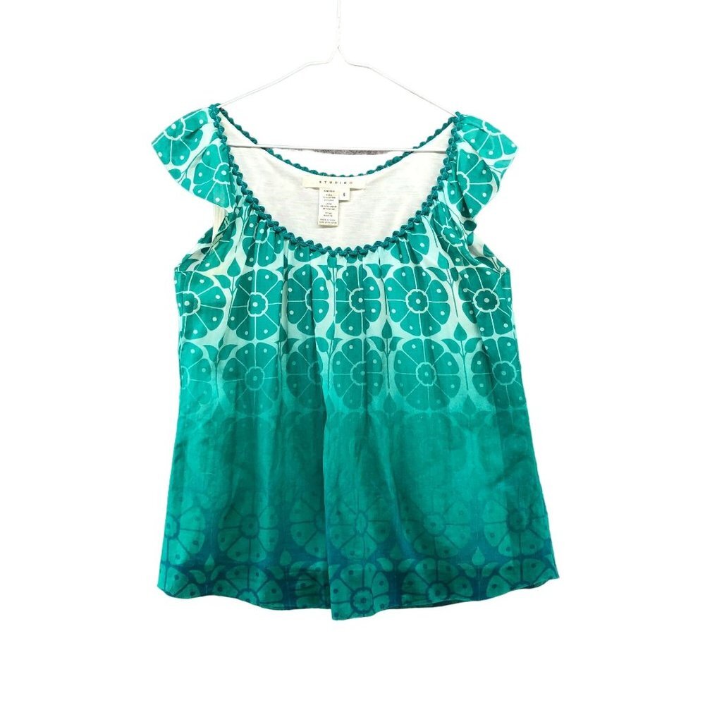 Studio M Womens Cotton Silk Floral Blouse Flutter‎ Scoop Neck Size S Teal